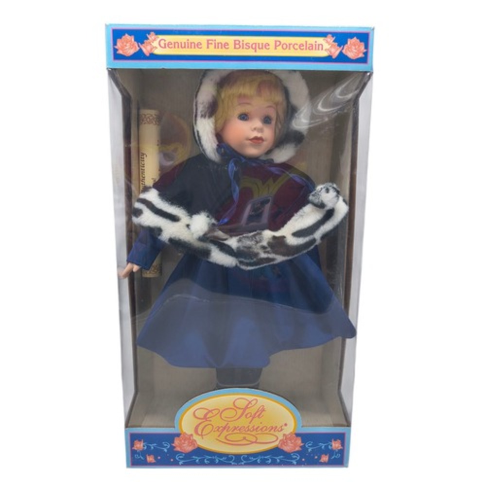 Dan Dee Soft Expressions Genuine Fine Bisque Winter Doll w/ Blue Dress And Cape